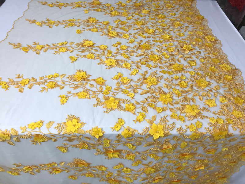 Flower 3D Fabric - Yellow - Embroided Fabric Flower Pearls and Leaf Decor Sold by The Yard