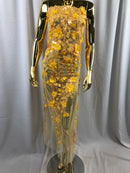 Flower 3D Fabric - Yellow - Embroided Fabric Flower Pearls and Leaf Decor Sold by The Yard