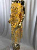 Flower 3D Fabric - Yellow - Embroided Fabric Flower Pearls and Leaf Decor Sold by The Yard