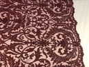 Embroided - Burgundy Beaded Damask Pattern Fabric Embroidery Lace Design Fabrics Sold By The Yard