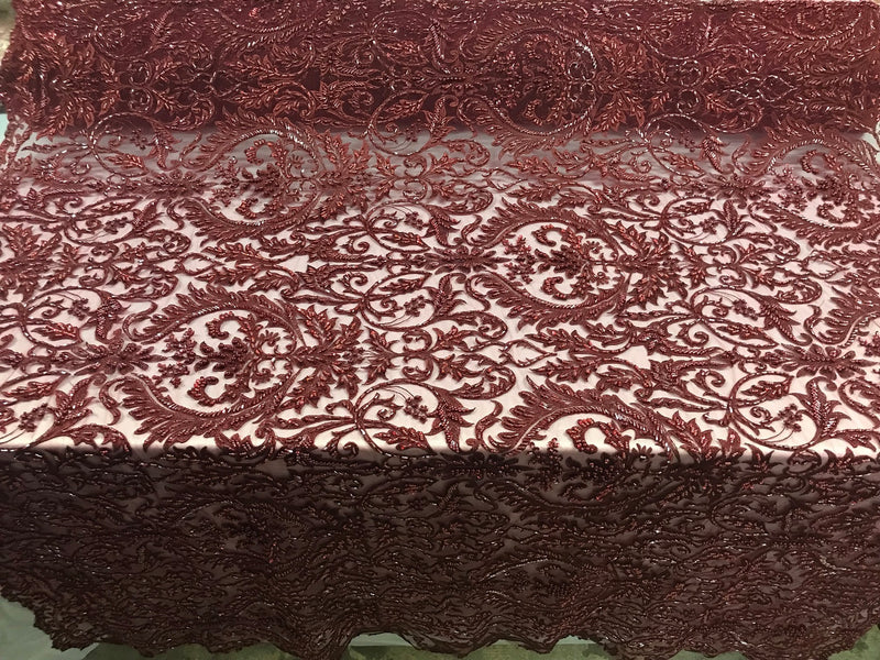 Embroided - Burgundy Beaded Damask Pattern Fabric Embroidery Lace Design Fabrics Sold By The Yard
