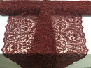 Embroided - Burgundy Beaded Damask Pattern Fabric Embroidery Lace Design Fabrics Sold By The Yard