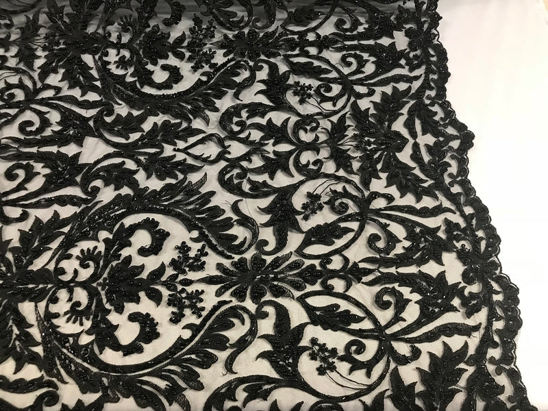 Embroided - Black - Beaded Damask Pattern Fabric Embroidery Lace Design Fabrics Sold By The Yard