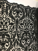 Embroided - Black - Beaded Damask Pattern Fabric Embroidery Lace Design Fabrics Sold By The Yard