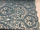 Embroided - Baby Blue Beaded Damask Pattern Fabric Embroidery Lace Design Fabrics Sold By The Yard