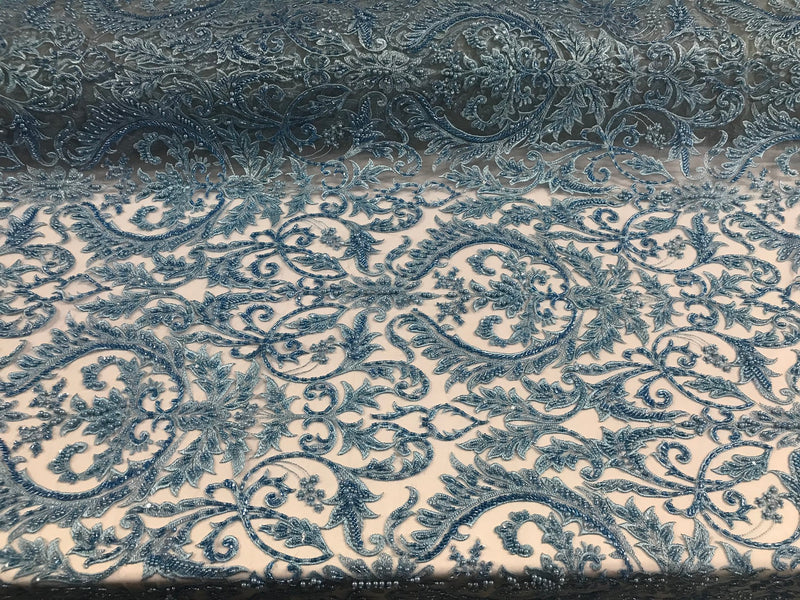 Embroided - Baby Blue Beaded Damask Pattern Fabric Embroidery Lace Design Fabrics Sold By The Yard