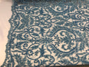 Embroided - Baby Blue Beaded Damask Pattern Fabric Embroidery Lace Design Fabrics Sold By The Yard