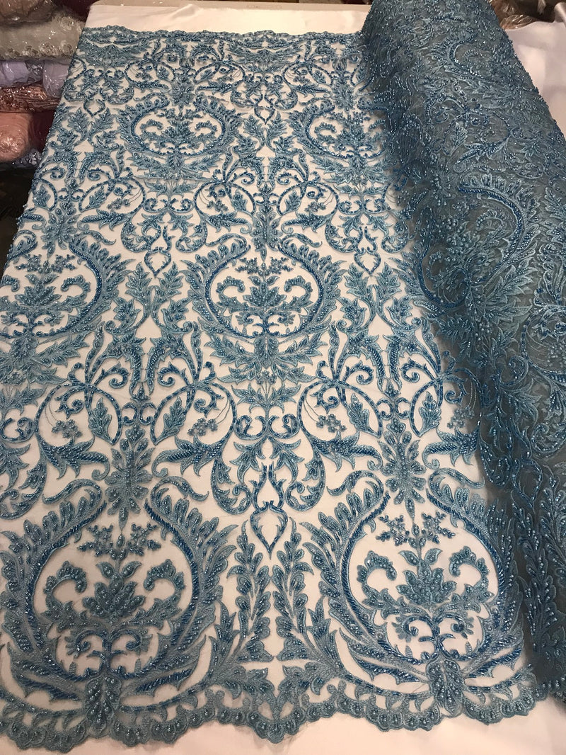 Embroided - Baby Blue Beaded Damask Pattern Fabric Embroidery Lace Design Fabrics Sold By The Yard