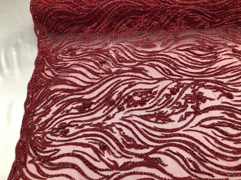 Beaded Zebra Pattern Fabric Burgundy Embroidered Hand beaded Lace Design Fabrics By The Yard