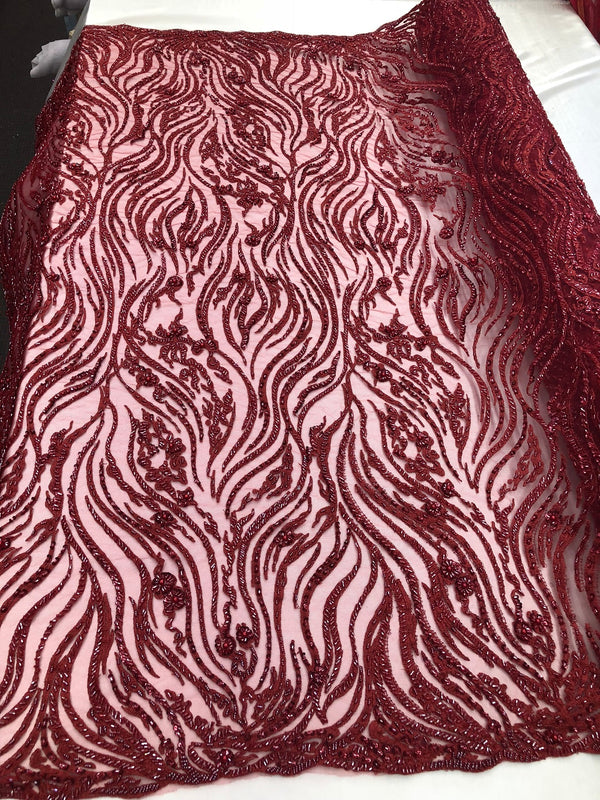 Beaded Zebra Pattern Fabric Burgundy Embroidered Hand beaded Lace Design Fabrics By The Yard