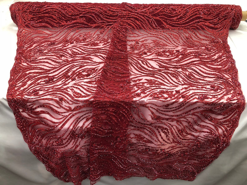 Beaded Zebra Pattern Fabric Burgundy Embroidered Hand beaded Lace Design Fabrics By The Yard