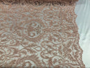Embroided - Blush Peach Beaded Damask Pattern Fabric Embroidery Lace Design Fabrics Sold By The Yard