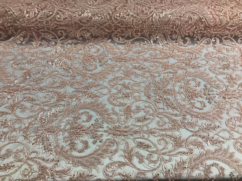 Embroided - Blush Peach Beaded Damask Pattern Fabric Embroidery Lace Design Fabrics Sold By The Yard
