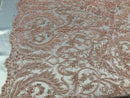 Embroided - Blush Peach Beaded Damask Pattern Fabric Embroidery Lace Design Fabrics Sold By The Yard