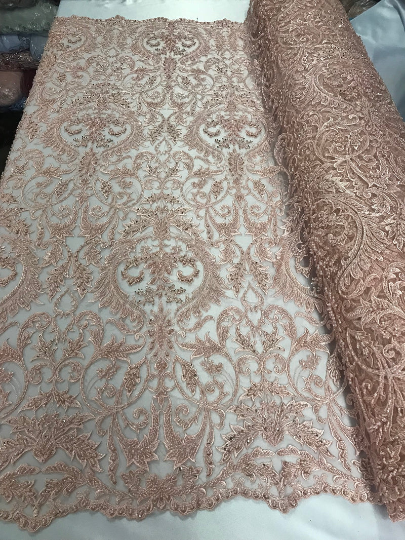 Embroided - Blush Peach Beaded Damask Pattern Fabric Embroidery Lace Design Fabrics Sold By The Yard