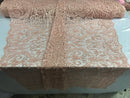 Embroided - Blush Peach Beaded Damask Pattern Fabric Embroidery Lace Design Fabrics Sold By The Yard