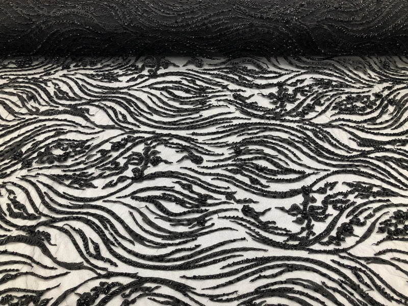 Beaded Zebra Pattern Fabric Black Embroidered Hand beaded Lace Design Fabrics By The Yard