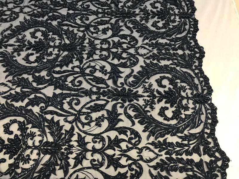 Embroided - Navy - Beaded Damask Pattern Fabric Embroidery Lace Design Fabrics Sold By The Yard