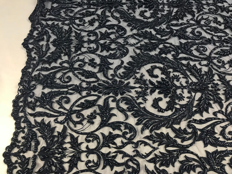 Embroided - Navy - Beaded Damask Pattern Fabric Embroidery Lace Design Fabrics Sold By The Yard