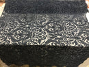 Embroided - Navy - Beaded Damask Pattern Fabric Embroidery Lace Design Fabrics Sold By The Yard
