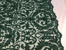 Embroided Hunter Green Beaded Damask Pattern Fabric Embroidery Lace Design Fabrics Sold By The Yard