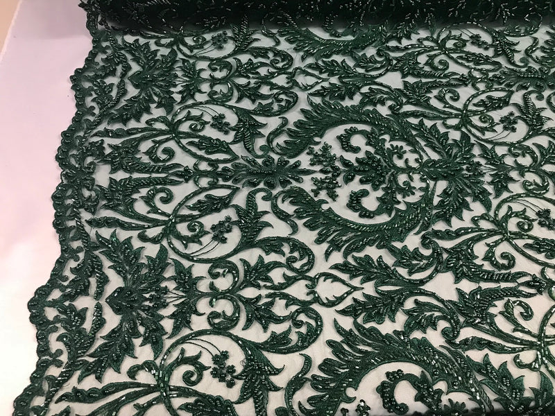Embroided Hunter Green Beaded Damask Pattern Fabric Embroidery Lace Design Fabrics Sold By The Yard