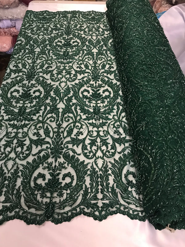 Embroided Hunter Green Beaded Damask Pattern Fabric Embroidery Lace Design Fabrics Sold By The Yard