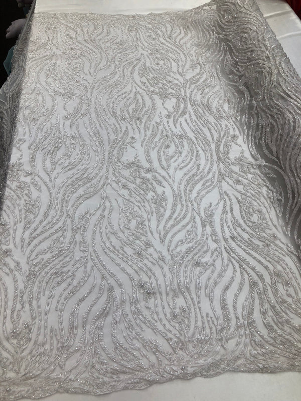 Beaded Zebra Pattern Fabric White Embroidered Hand beaded Lace Design Fabrics By The Yard
