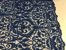 Embroided - Royal Blue Beaded Damask Pattern Fabric Embroidery Lace Design Fabrics Sold By The Yard