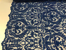 Embroided - Royal Blue Beaded Damask Pattern Fabric Embroidery Lace Design Fabrics Sold By The Yard