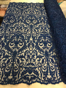 Embroided - Royal Blue Beaded Damask Pattern Fabric Embroidery Lace Design Fabrics Sold By The Yard