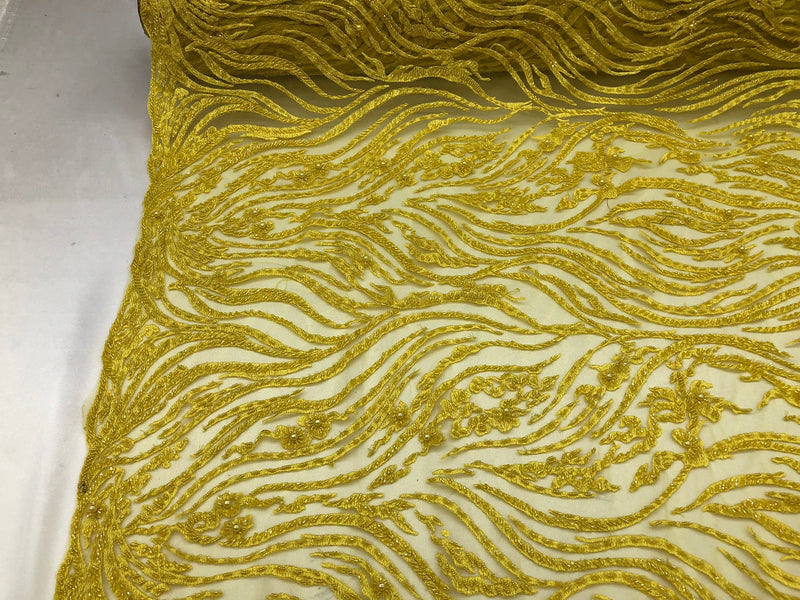 Beaded Zebra Pattern Fabric Yellow Embroidered Hand beaded Lace Design Fabrics By The Yard