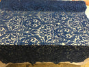 Embroided - Royal Blue Beaded Damask Pattern Fabric Embroidery Lace Design Fabrics Sold By The Yard