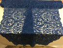 Embroided - Royal Blue Beaded Damask Pattern Fabric Embroidery Lace Design Fabrics Sold By The Yard
