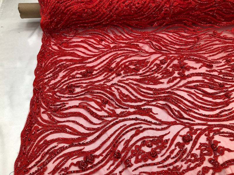 Beaded Zebra Pattern Fabric Red Embroidered Hand beaded Lace Design Fabrics By The Yard