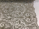 Embroided - Silver - Beaded Damask Pattern Fabric Embroidery Lace Design Fabrics Sold By The Yard