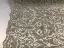 Embroided - Silver - Beaded Damask Pattern Fabric Embroidery Lace Design Fabrics Sold By The Yard