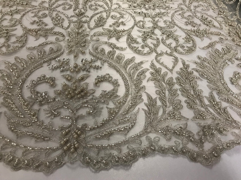 Embroided - Silver - Beaded Damask Pattern Fabric Embroidery Lace Design Fabrics Sold By The Yard