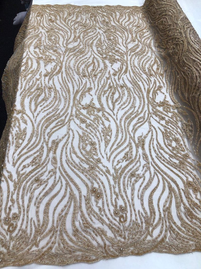 Beaded Zebra Pattern Fabric Champagne Embroidered Hand beaded Lace Design Fabrics By The Yard