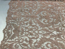 Embroided - Pink - Beaded Damask Pattern Fabric Embroidery Lace Design Fabrics Sold By The Yard