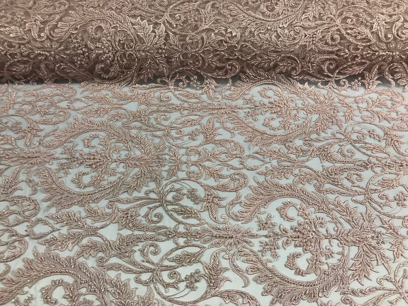Embroided - Pink - Beaded Damask Pattern Fabric Embroidery Lace Design Fabrics Sold By The Yard