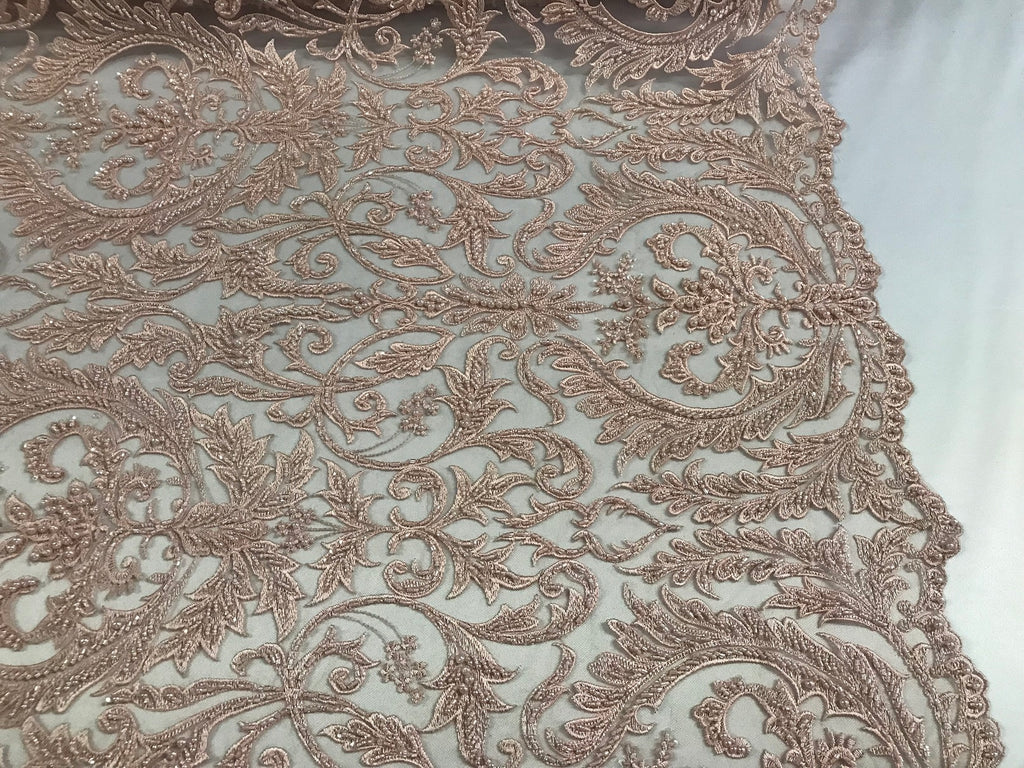 Embroided - Pink - Beaded Damask Pattern Fabric Embroidery Lace Design