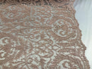 Embroided - Pink - Beaded Damask Pattern Fabric Embroidery Lace Design Fabrics Sold By The Yard