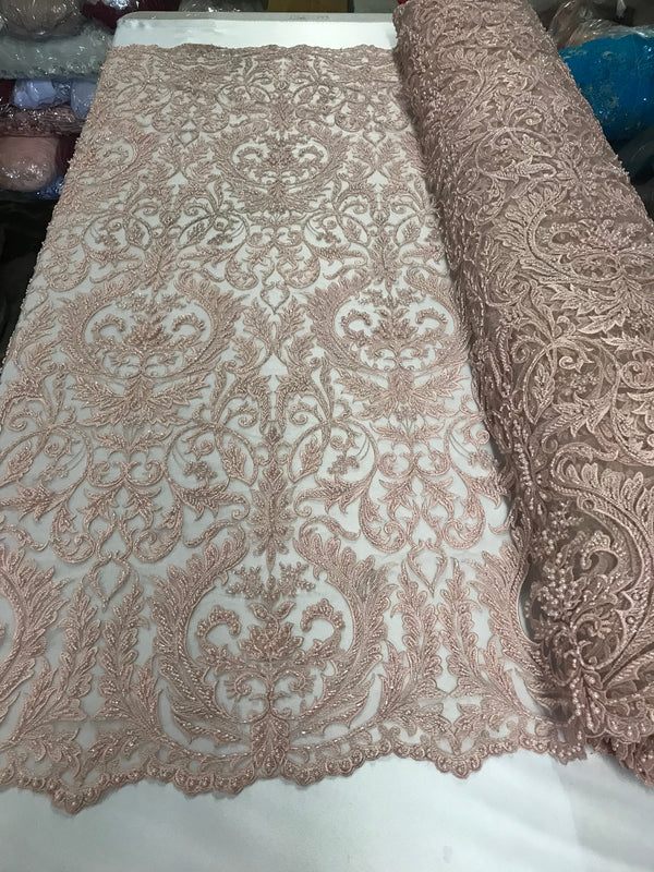 Embroided - Pink - Beaded Damask Pattern Fabric Embroidery Lace Design Fabrics Sold By The Yard