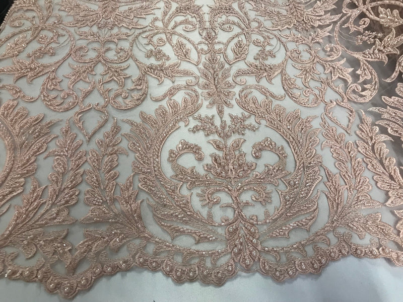 Embroided - Pink - Beaded Damask Pattern Fabric Embroidery Lace Design Fabrics Sold By The Yard