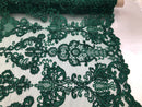 Floral - Hunter Green -Embroided Lace Fabric Damask Pattern - Beautiful Fabrics Sold by The Yard