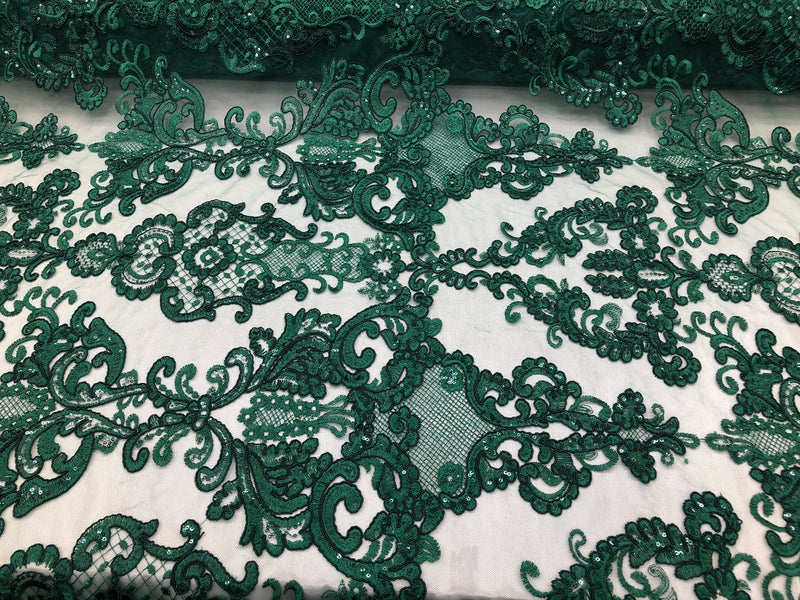 Floral - Hunter Green -Embroided Lace Fabric Damask Pattern - Beautiful Fabrics Sold by The Yard