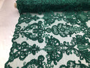 Floral - Hunter Green -Embroided Lace Fabric Damask Pattern - Beautiful Fabrics Sold by The Yard