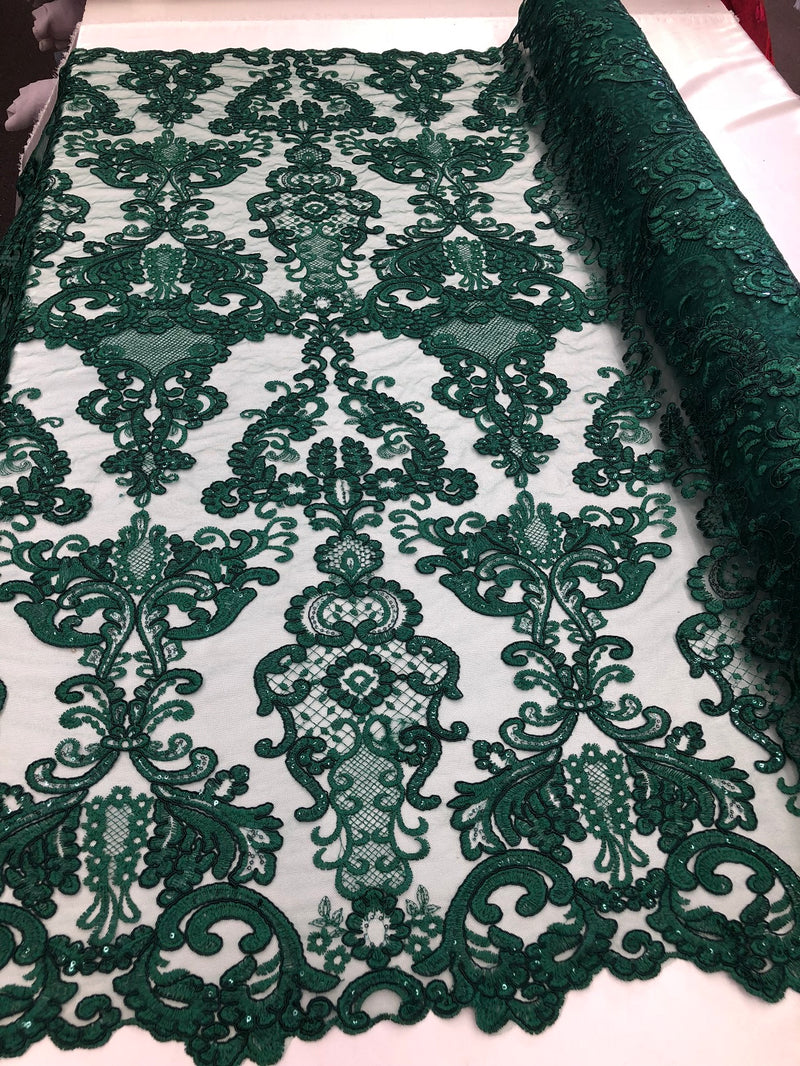 Floral - Hunter Green -Embroided Lace Fabric Damask Pattern - Beautiful Fabrics Sold by The Yard