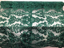 Floral - Hunter Green -Embroided Lace Fabric Damask Pattern - Beautiful Fabrics Sold by The Yard